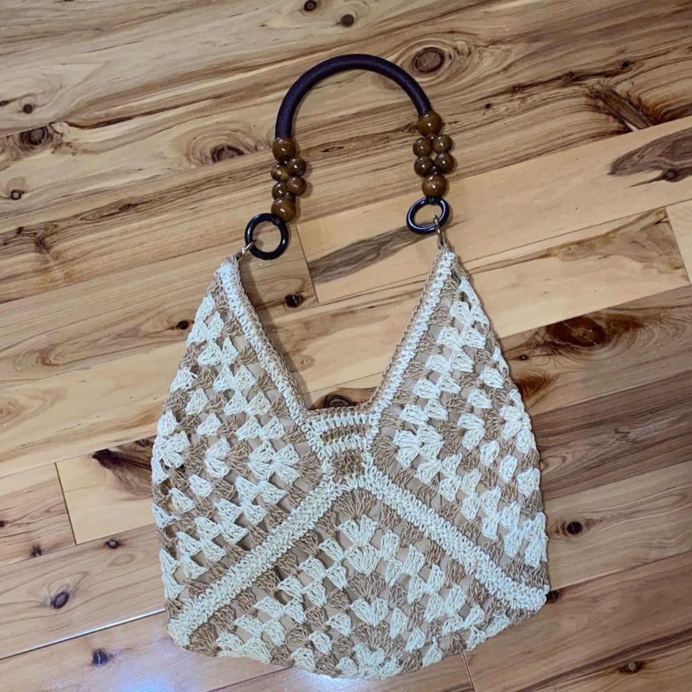 Beige and Brown Crochet Tote Bag